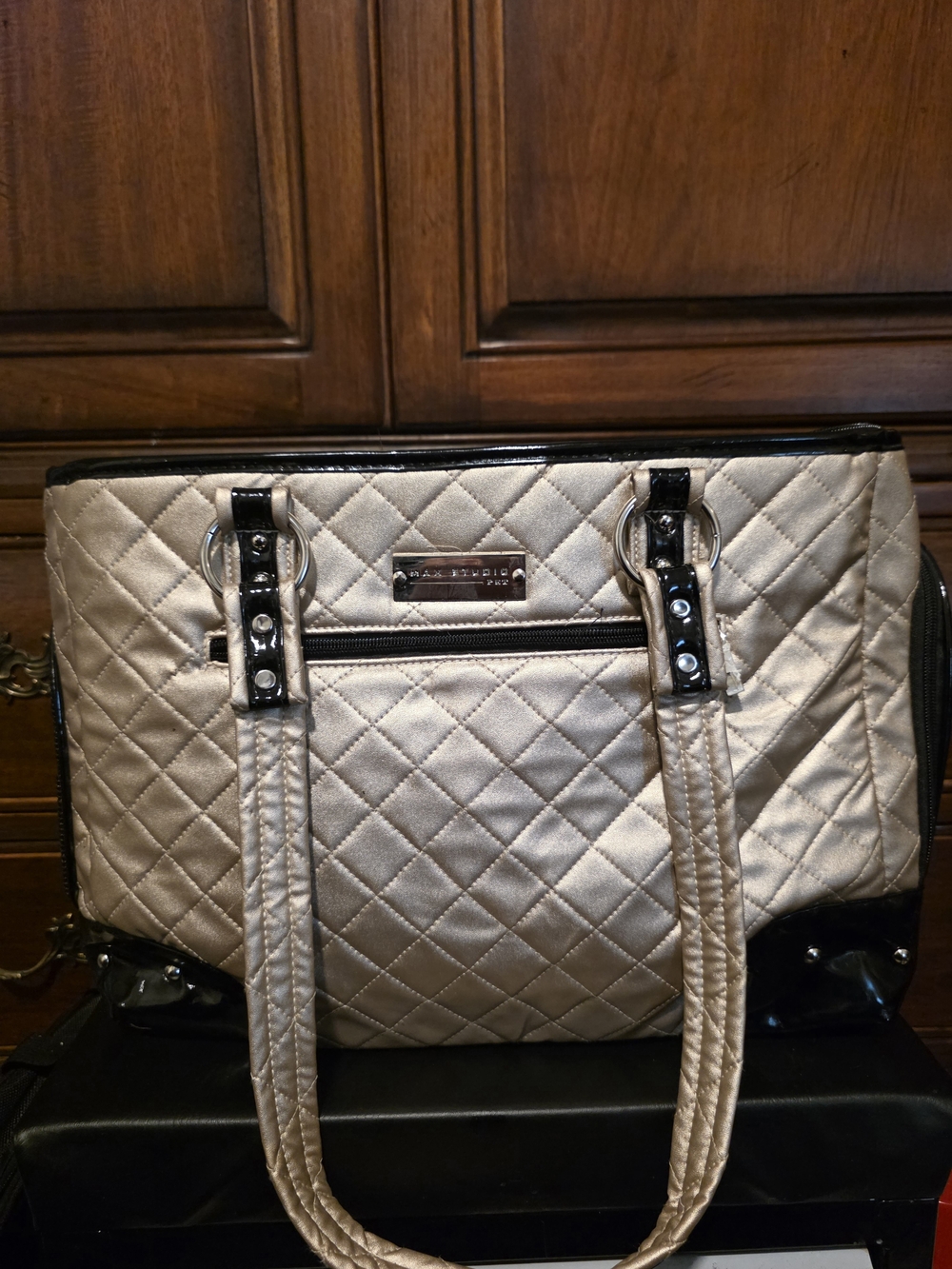 Max Studio Quilted Metallic Beige Tote with Black Trim